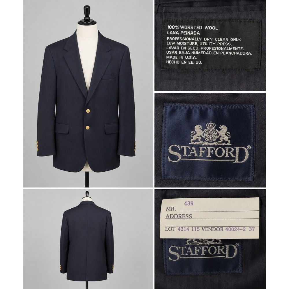Stafford 100% Worsted Wool Navy Blue Mens Blazer 43R With Gold Buttons